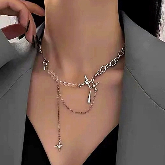 Silver North Star Beaded Chain Link Punk Necklace - Picture 3 of 13